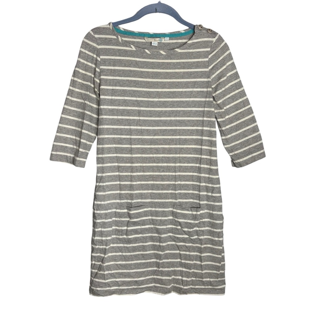 Boden Breton knit tunic dress gray striped jersey three-quarter sleeves pockets